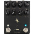 Black guitar effects pedal with eight knobs, two footswitches, and two indicator lights on the front panel.