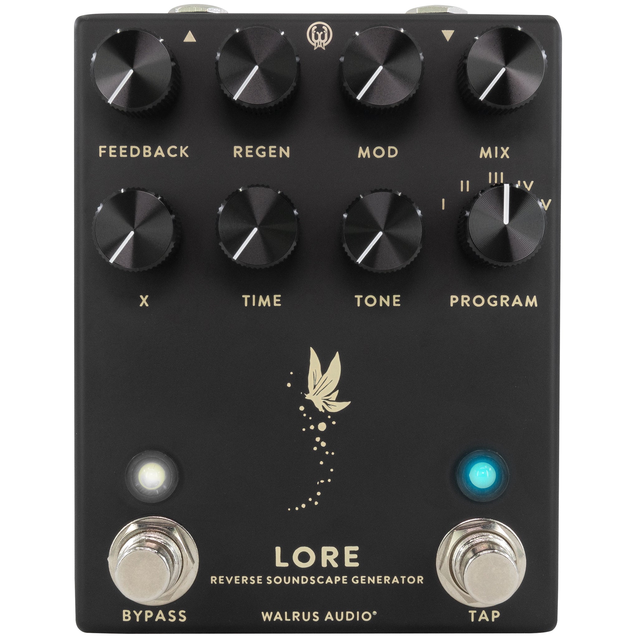 Black guitar effects pedal with eight knobs, two footswitches, and two indicator lights on the front panel.