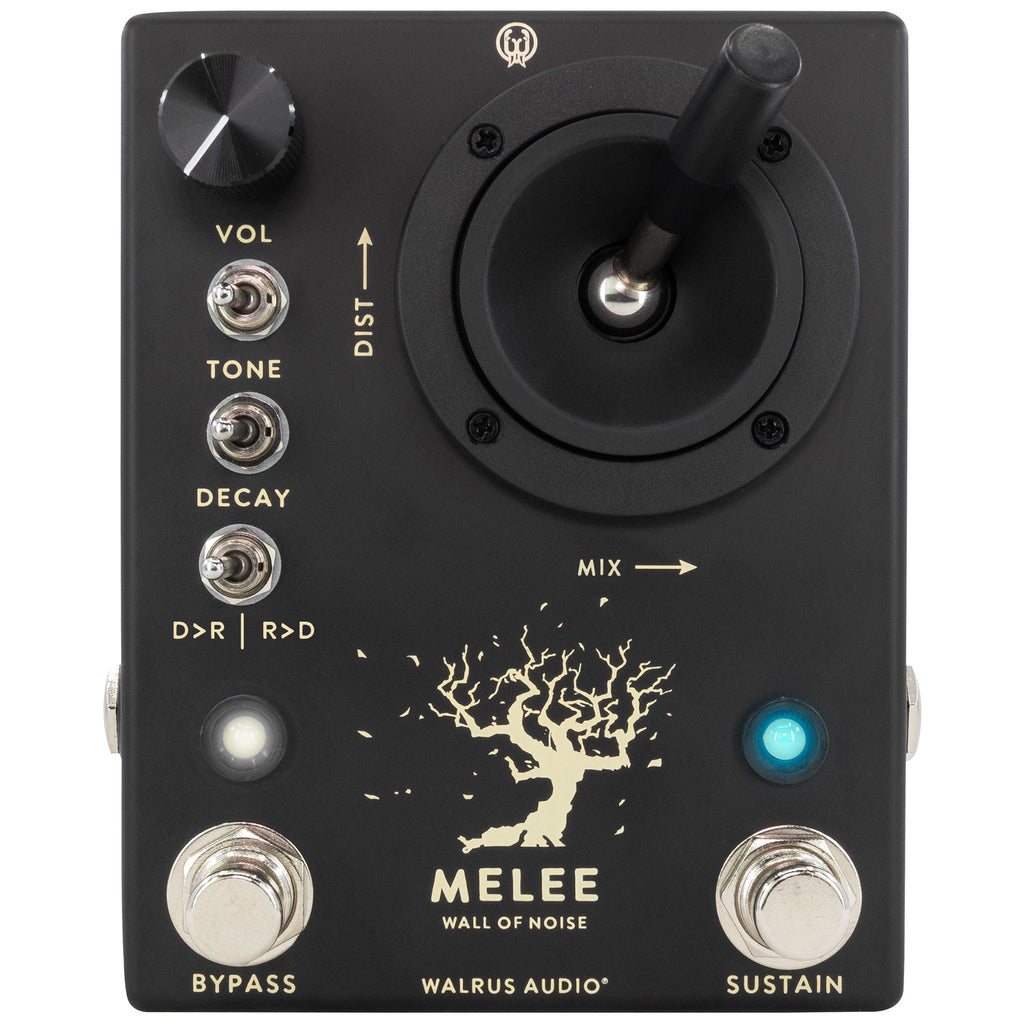Black guitar effects pedal with joystick, knob, switches, two footswitches, and tree graphic labeled Melee Wall of Noise.