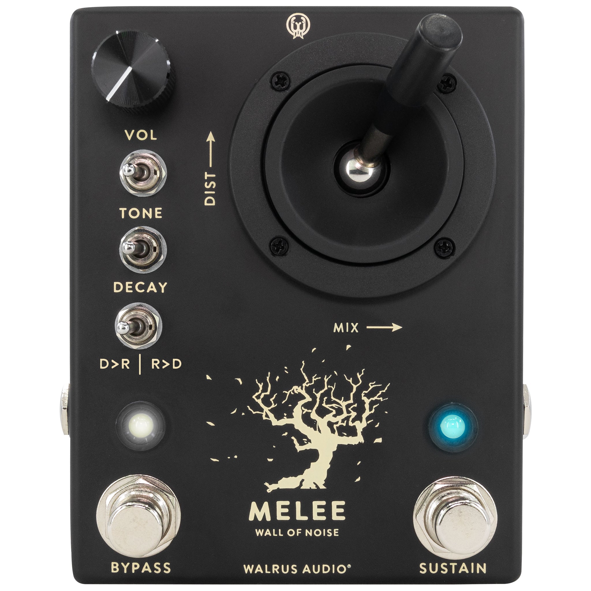 Black guitar effects pedal with joystick, knob, switches, two footswitches, and tree graphic labeled Melee Wall of Noise.