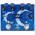 Blue guitar effects pedal with knobs, sliders, toggle switch, two footswitches, and blue moon-themed graphics.