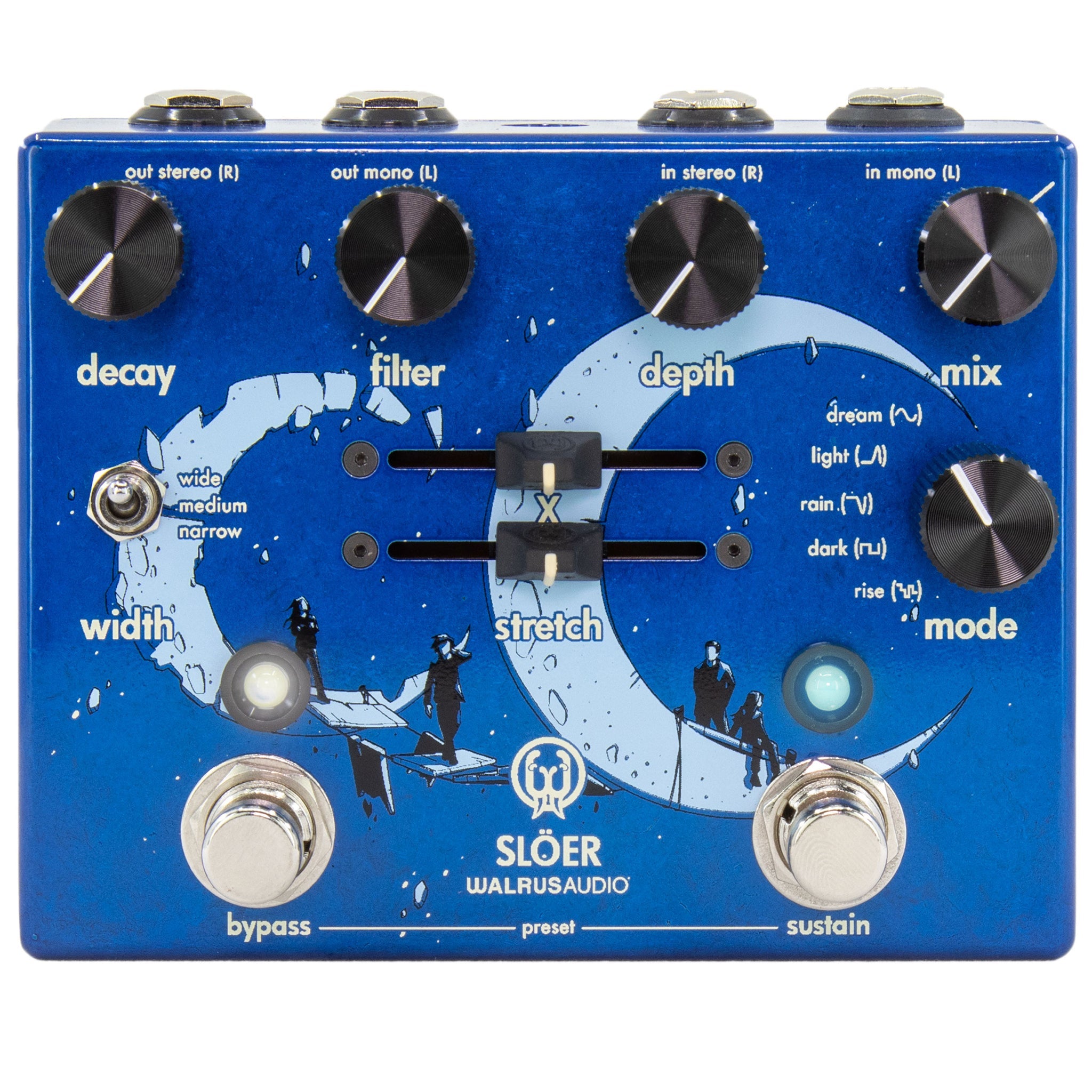 Blue guitar effects pedal with knobs, sliders, toggle switch, two footswitches, and blue moon-themed graphics.