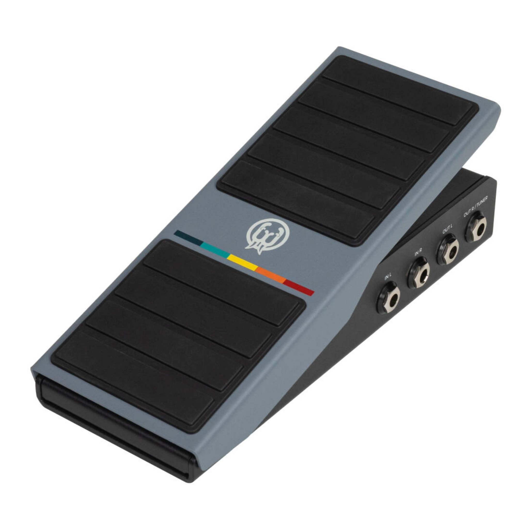 Gray analog volume pedal with black rubber grip and multiple 1/4 inch input and output jacks on side.