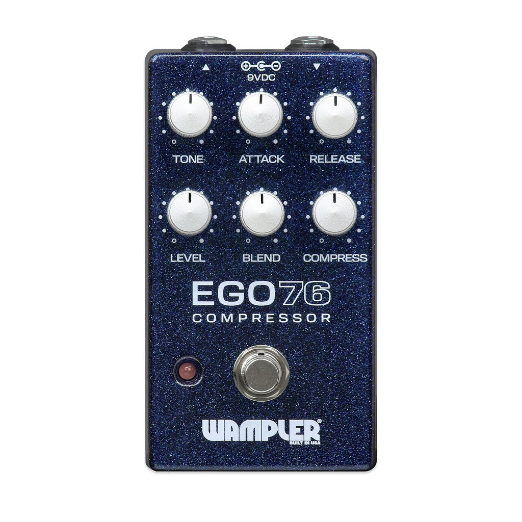 Blue guitar effects pedal with six control knobs and one footswitch labeled Ego76 Compressor by Wampler.