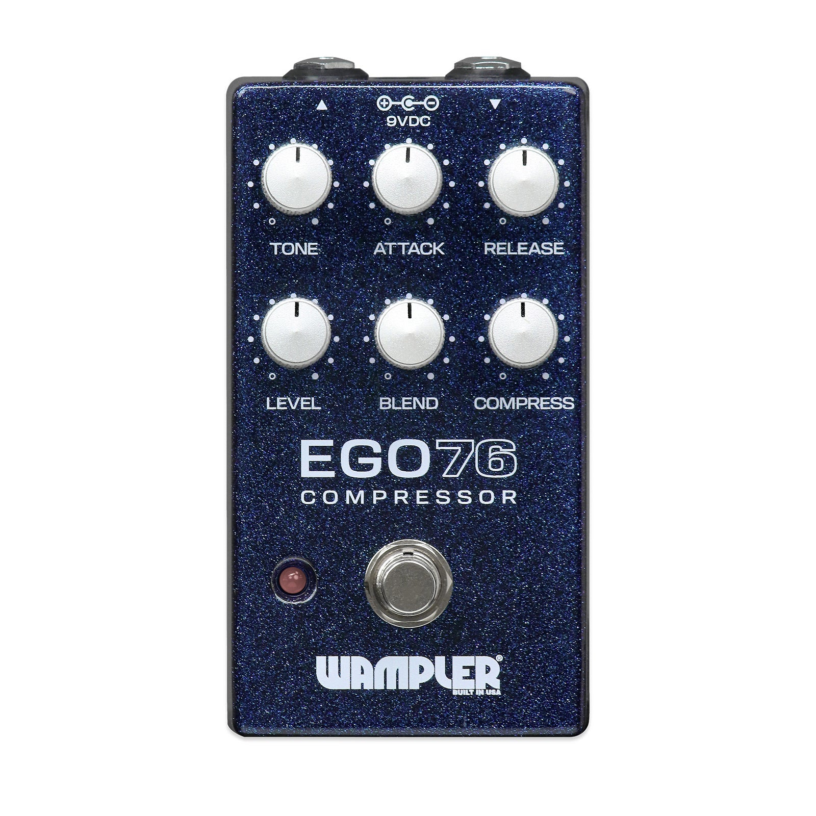 Blue guitar effects pedal with six control knobs and one footswitch labeled Ego76 Compressor by Wampler.