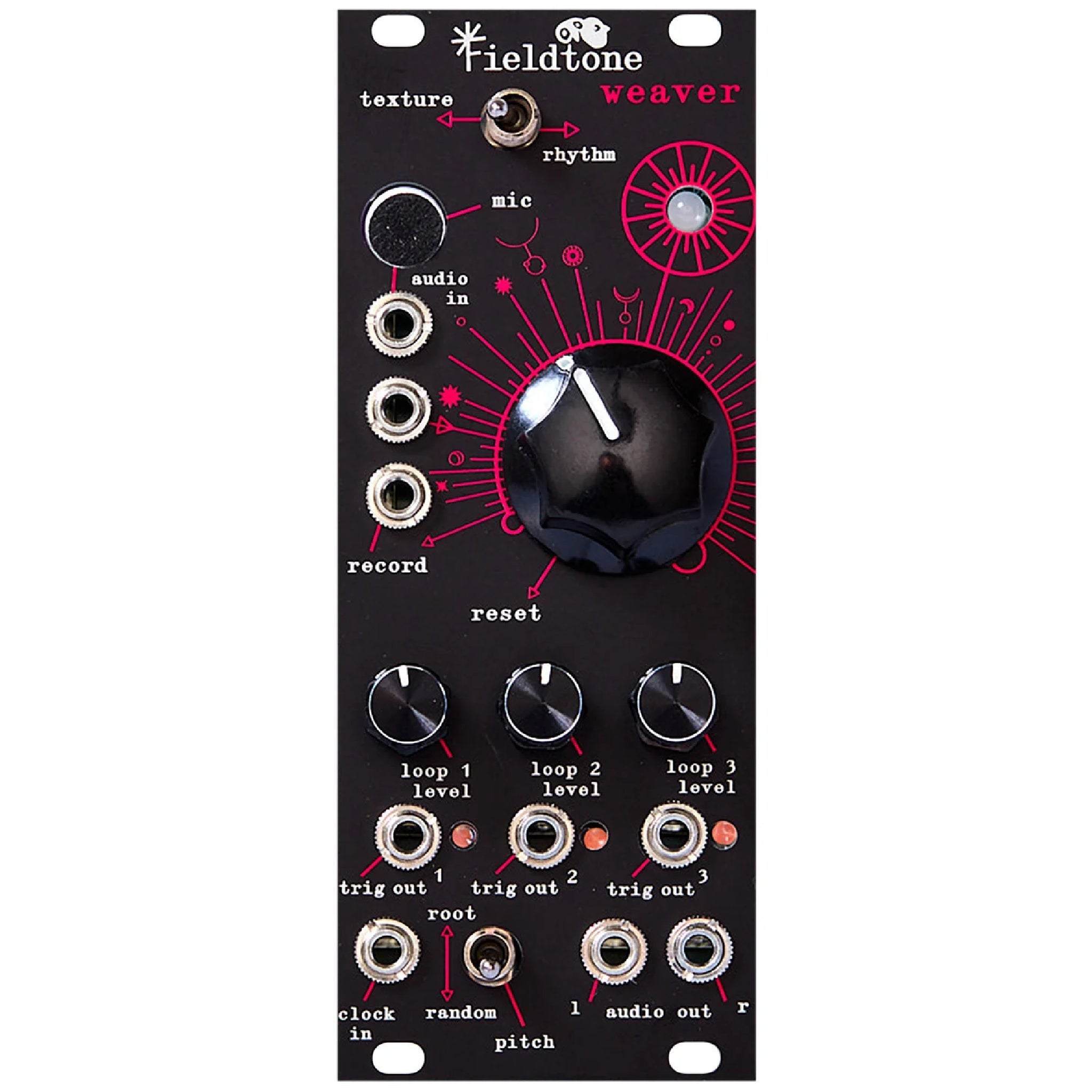 Black modular synthesizer Eurorack module with multiple knobs, jacks, and toggle switch labeled Fieldtone Weaver.