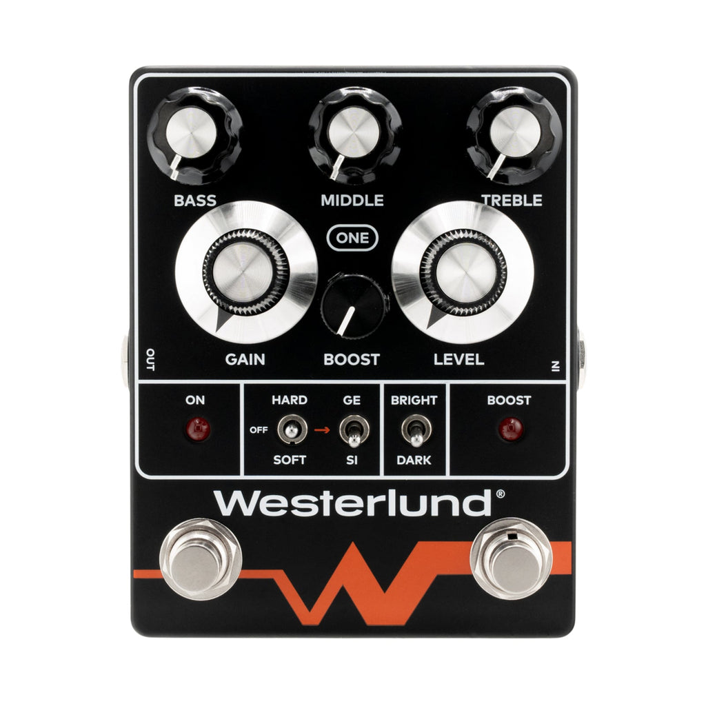 Black guitar effects pedal with multiple knobs, toggle switches, and footswitches labeled with tone and gain controls.