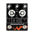 Black guitar effects pedal with multiple knobs, toggle switches, and footswitches labeled with tone and gain controls.