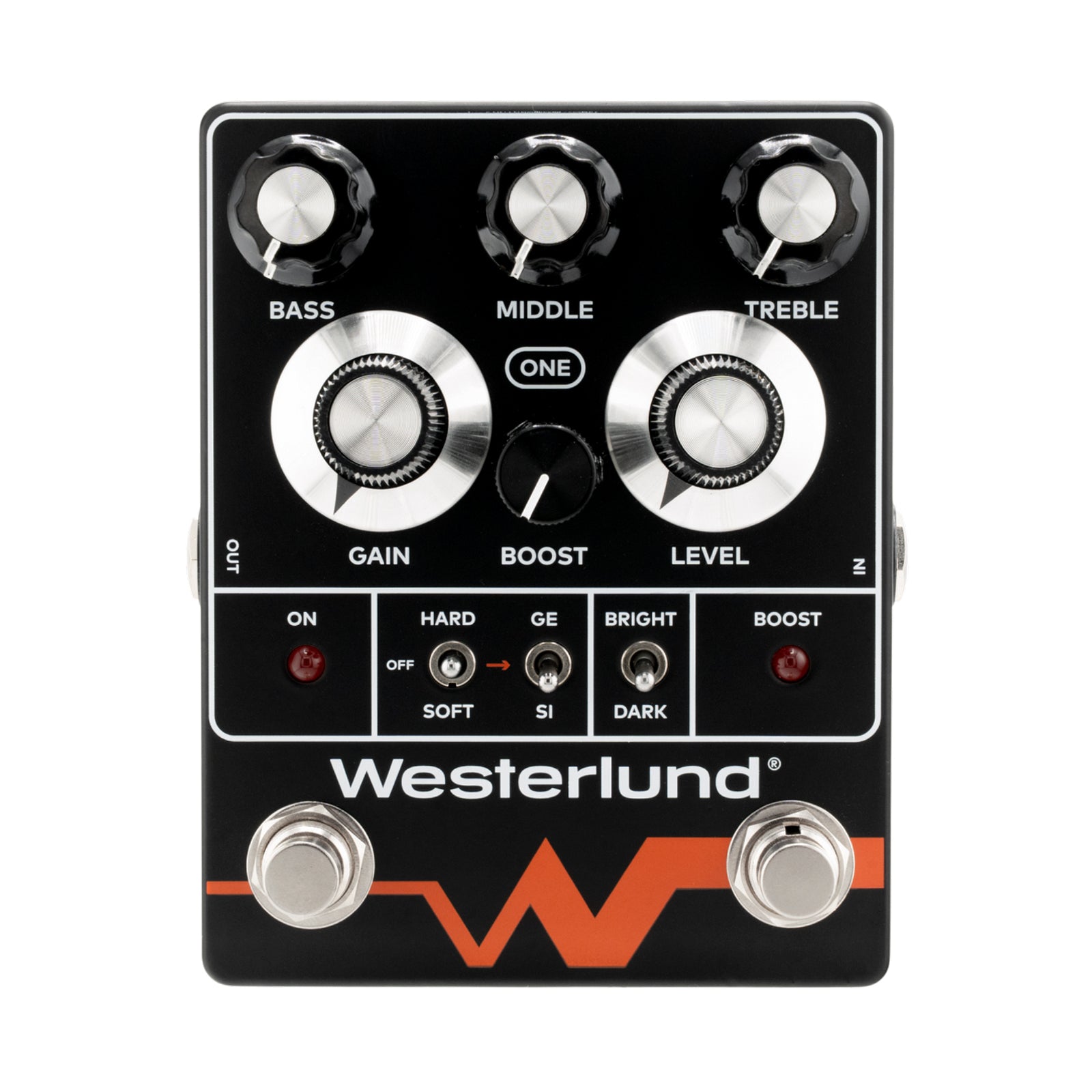 Black guitar effects pedal with multiple knobs, toggle switches, and footswitches labeled with tone and gain controls.