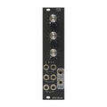 Black audio mixer module with three rotary knobs and eight 1/4 inch audio jacks labeled L In, R, 1, 2, 3, L Out, R Out.