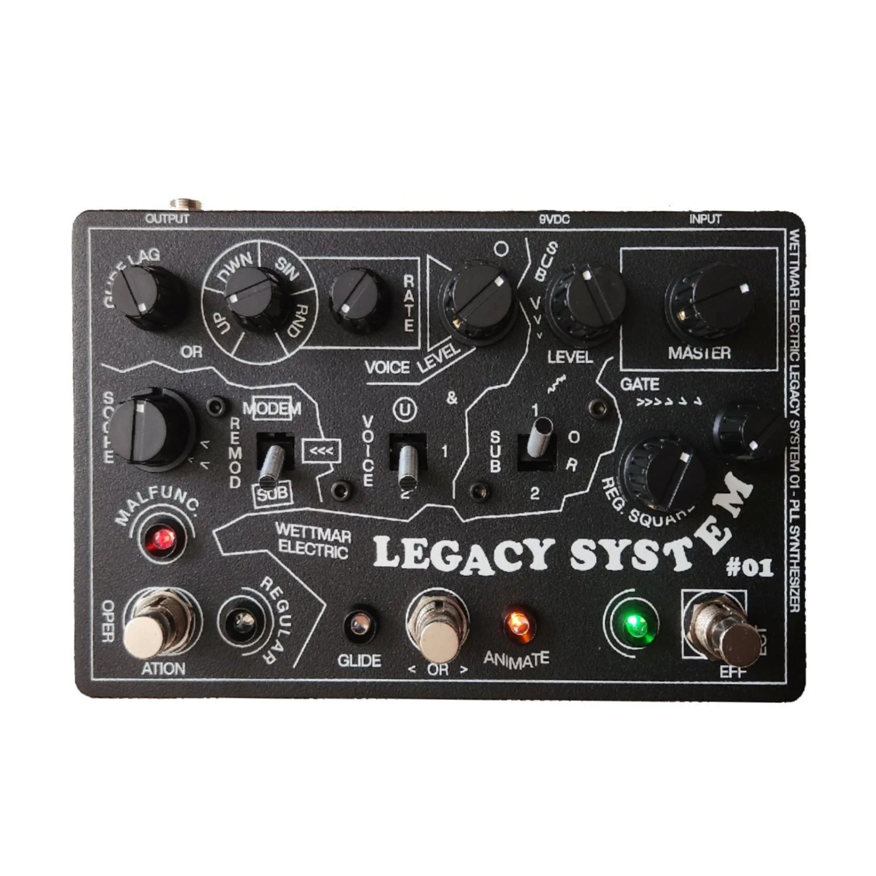 Black electronic effects pedal with multiple knobs, switches, and LED indicators labeled Legacy System #01 by Wettmar Electric.