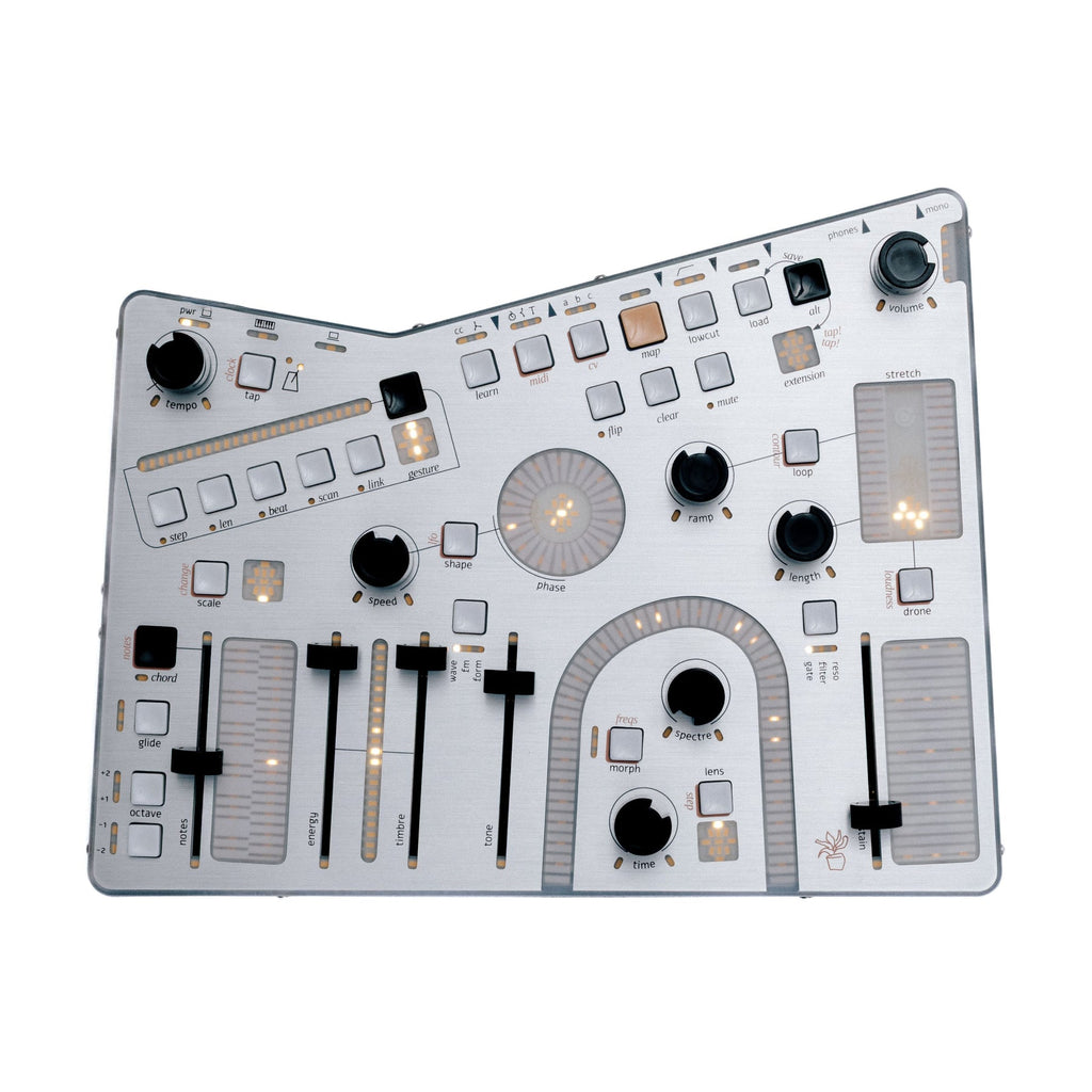 Top view of a silver electronic synthesizer with knobs, sliders, and buttons labeled with various sound parameters.
