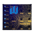 Top view of a black modular synthesizer module with blue LED matrix, knobs, buttons, and labeled ports.