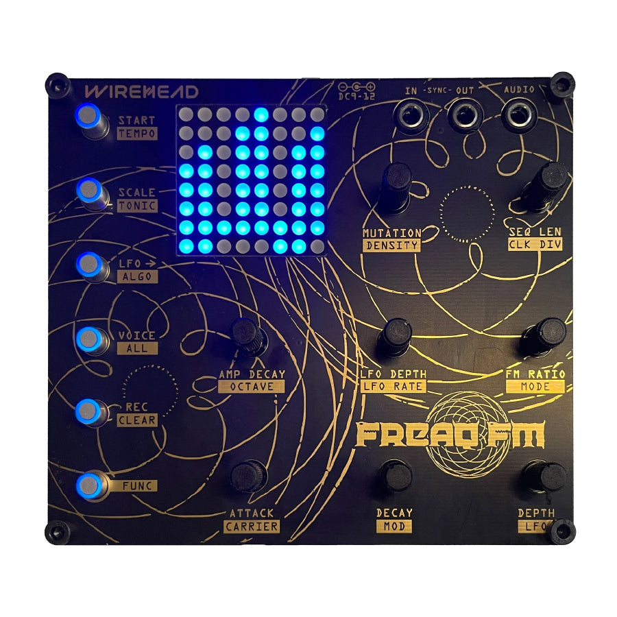 Top view of a black modular synthesizer module with blue LED matrix, knobs, buttons, and labeled ports.