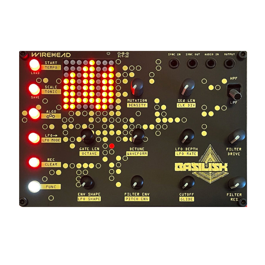 Front panel view of a black Wirehead Instruments Basilisk eurorack module with knobs, buttons, jacks, and LED display.