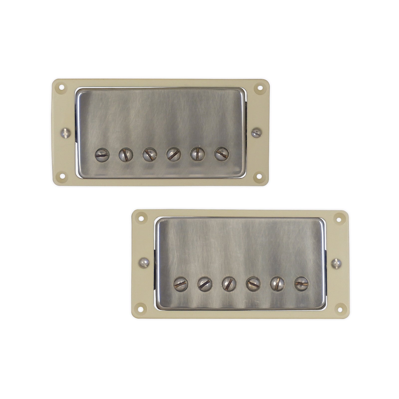 Two rectangular metal humbucker pickups with ivory mounting frames shown on a white background.