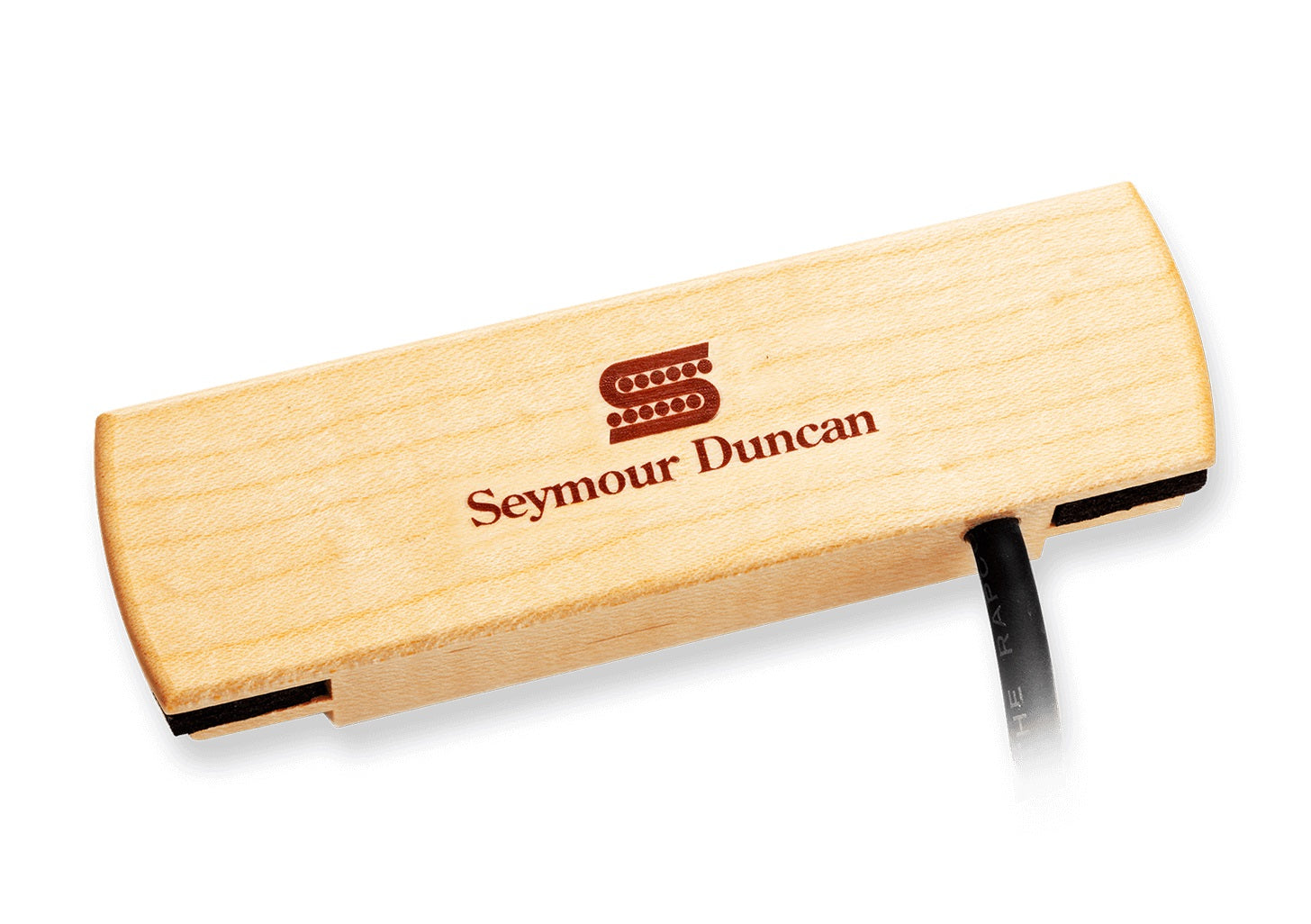 Wooden acoustic soundhole pickup with Seymour Duncan branding and attached cable wire.