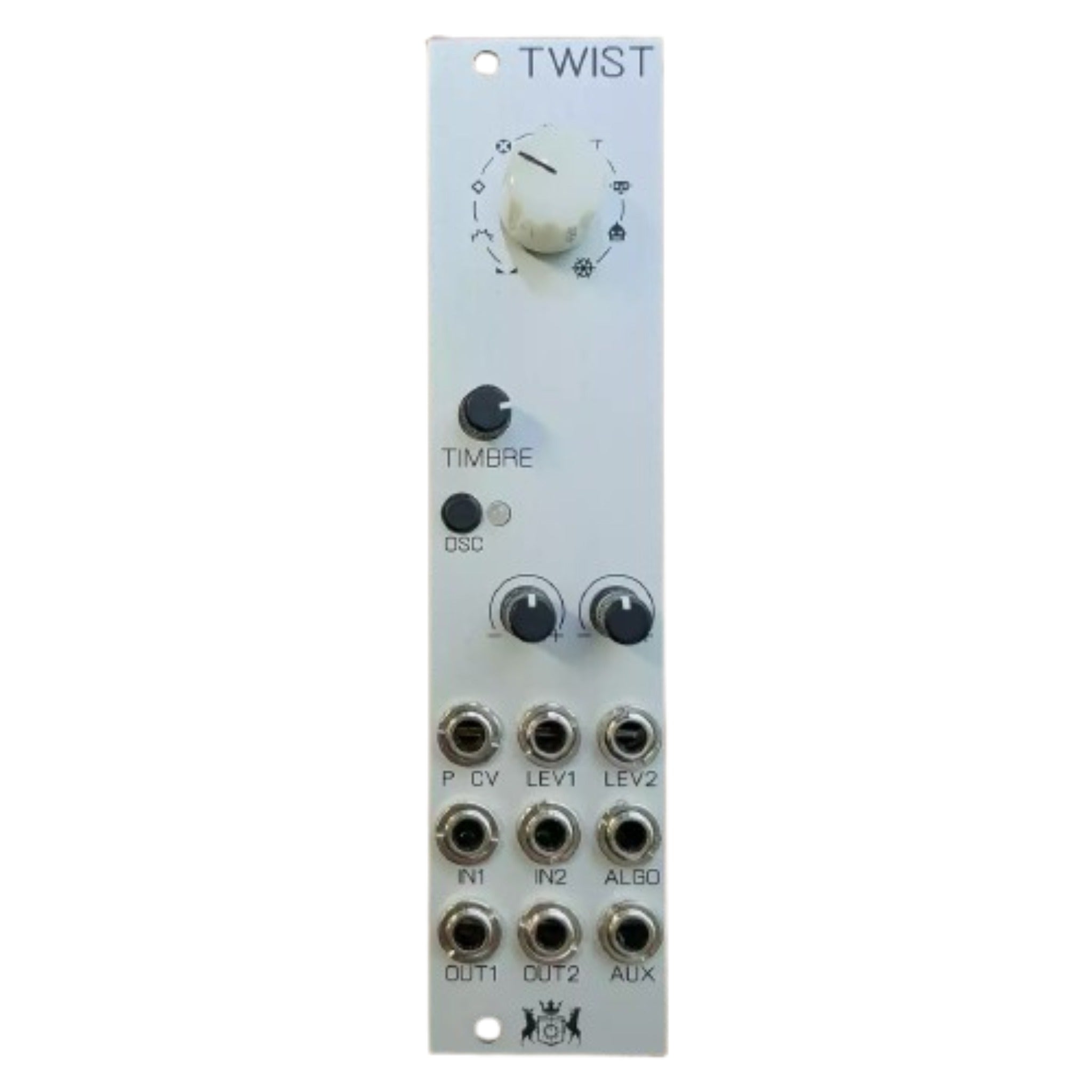 Silver modular synthesizer panel with knobs, push buttons, and multiple 3.5mm jacks labeled with control and input names.