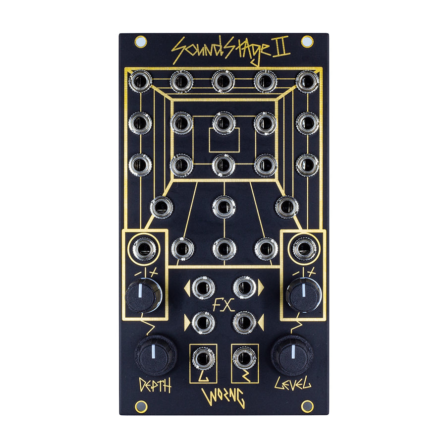 Black eurorack module with multiple 3.5mm jacks, four rotary knobs, and gold geometric line art labeled SoundStage II.