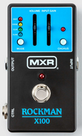 Black and blue guitar effects pedal labeled MXR Rockman X100 with sliders, buttons, jacks, and footswitch.