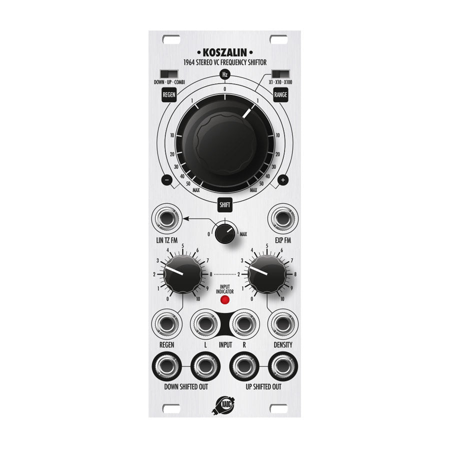 Front panel of XAOC Devices Koszalin frequency shifter module with knobs, switches, jacks, and indicator light.