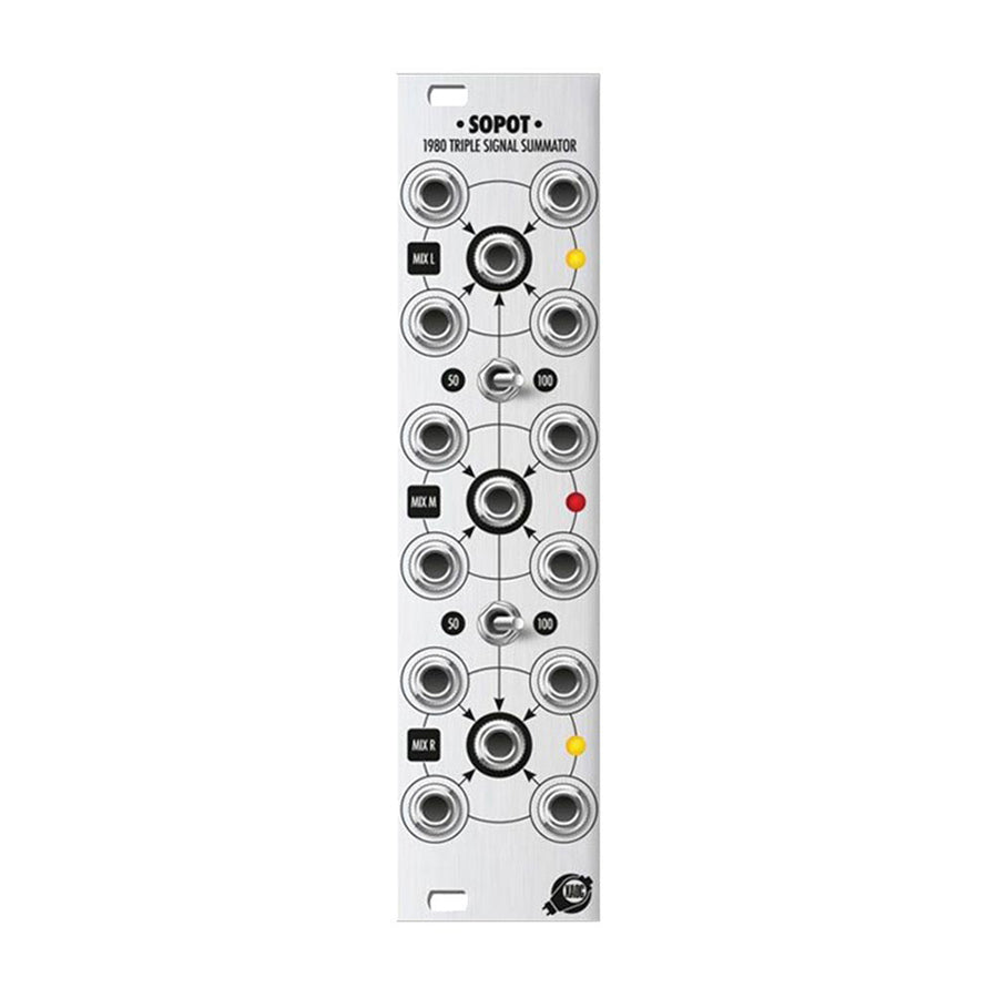 Silver metal panel with 3 rows of 3.5mm jacks, toggle switches, and markings labeled Sopot 1980 Triple Signal Summator.