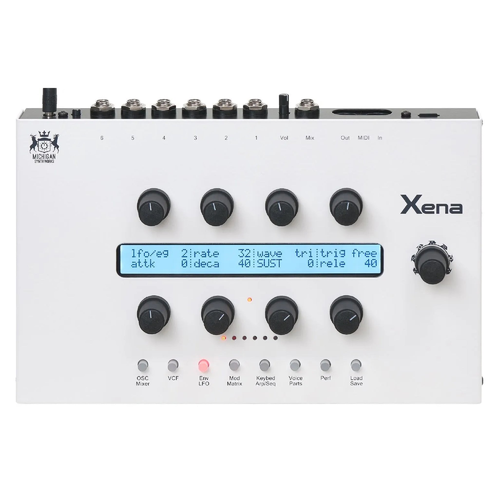 White electronic synthesizer with knobs, LED screen displaying envelope settings, and multiple audio and MIDI connectors