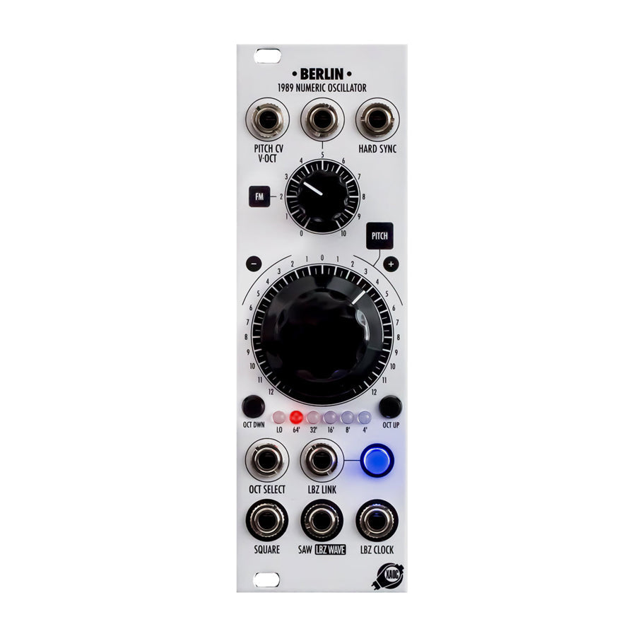 White eurorack module with knobs, jacks, LED lights, and labeled connections and controls