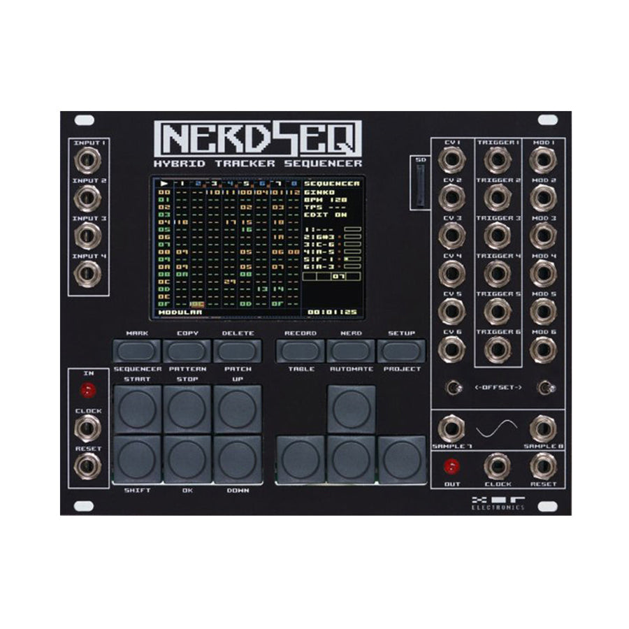 Black hybrid tracker sequencer module with screen, multiple buttons, knobs, 1/8 inch jacks, and a microSD slot.