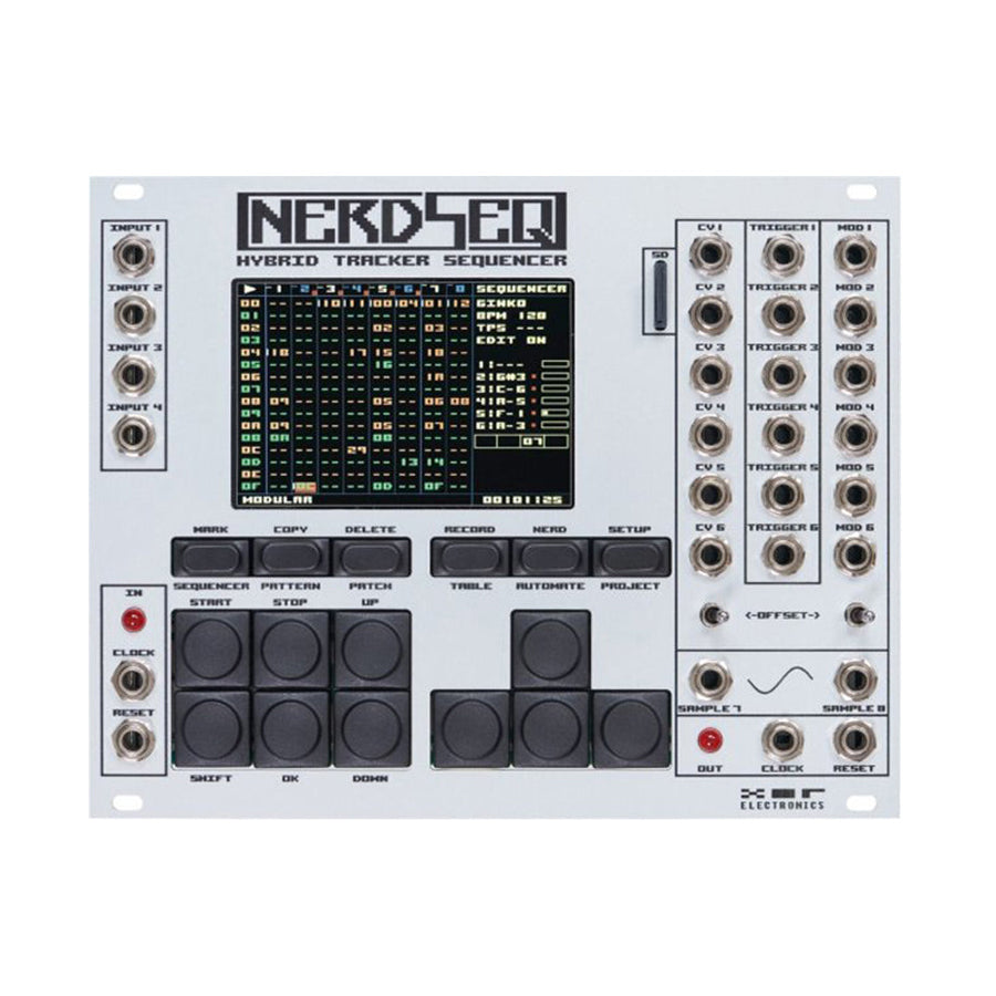Silver eurorack module labeled NERDSEQ with multiple jacks, buttons, and a small display screen.
