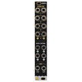 Front panel of a black audio module with multiple 3.5mm jacks labeled for stereo out, mute control, and aux CV inputs.
