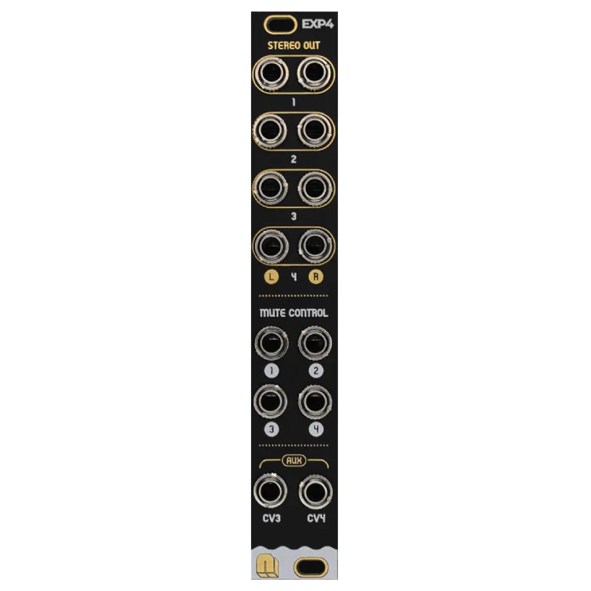 Front panel of a black audio module with multiple 3.5mm jacks labeled for stereo out, mute control, and aux CV inputs.