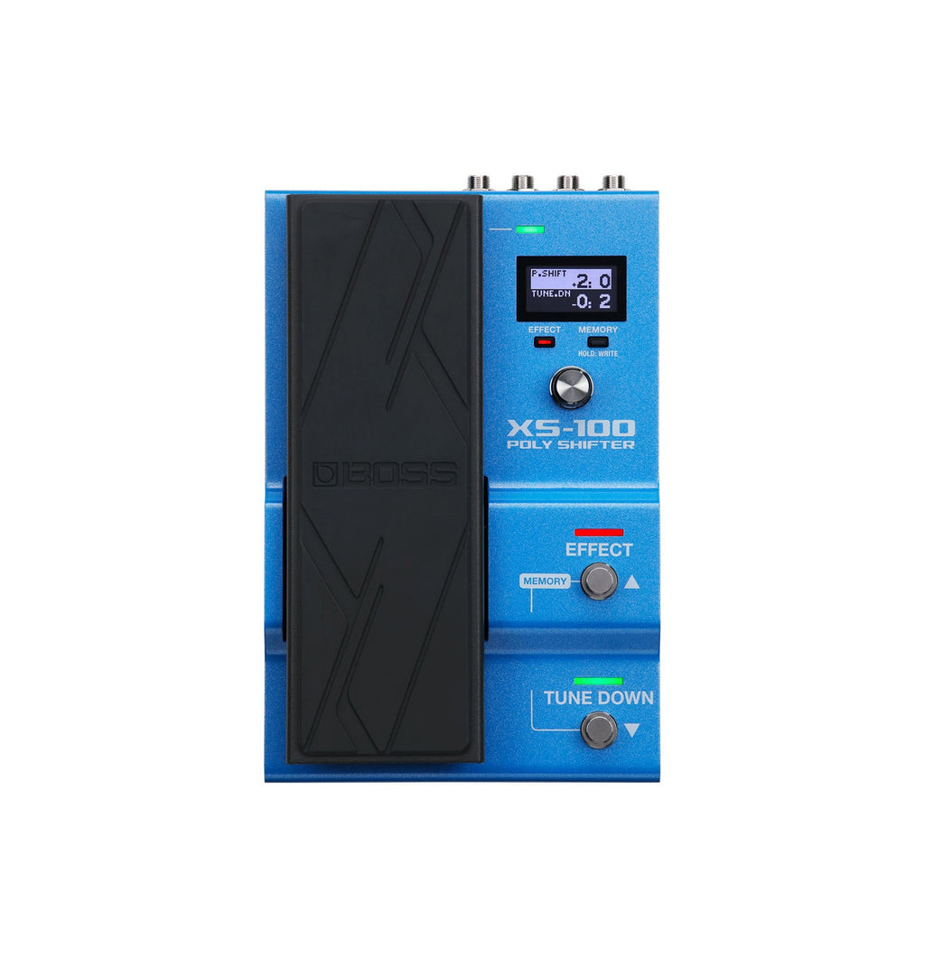 Blue Boss XS-100 Poly Shifter pedal with black expression pedal and various control buttons and display.
