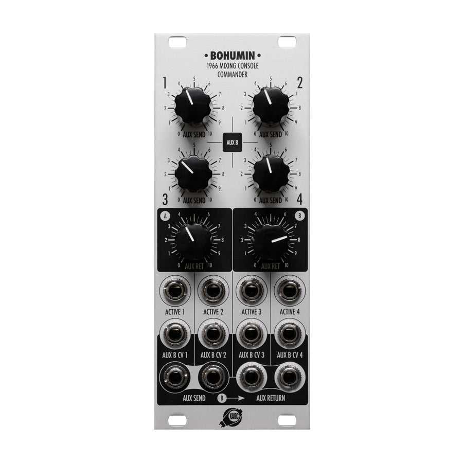 Silver eurorack module with black knobs and multiple 1/4 inch jack connectors labeled for mixing control.