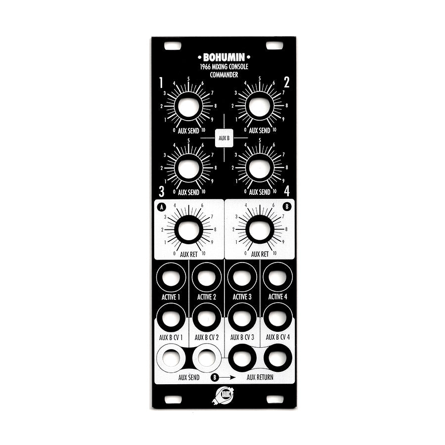 Black metal panel with knobs and jacks labeled for a mixing console module named Bohumin.