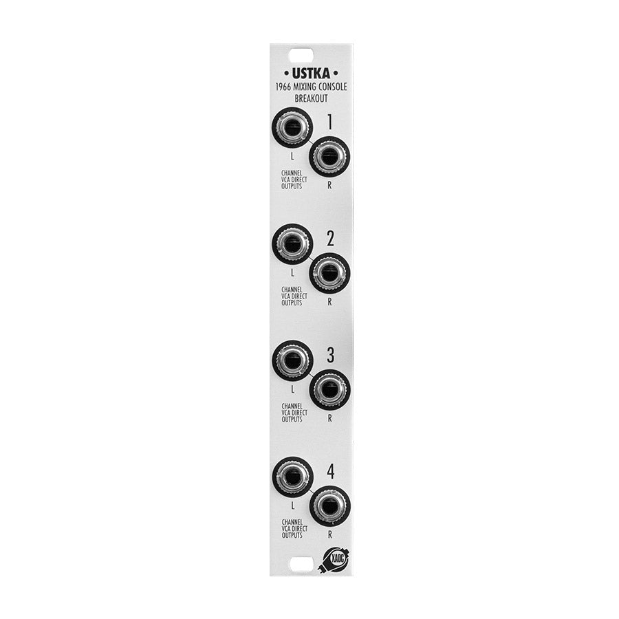 Vertical eurorack module panel with eight jack output sockets labeled for four stereo channels.