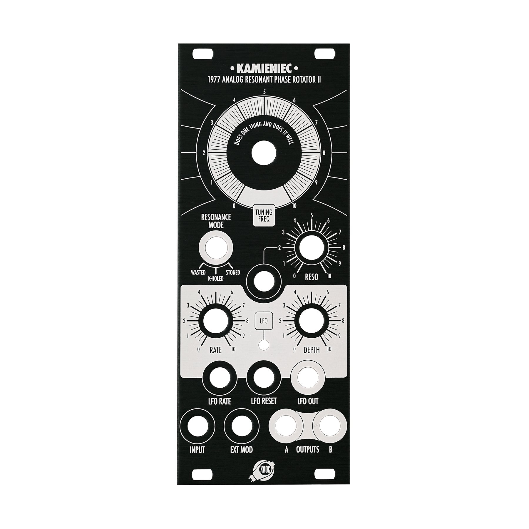 Black metal Eurorack panel labeled Kamieniec 1977 Analog Resonant Phase Rotator II with marked knob and jack holes.