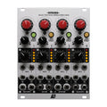 Silver stereo voltage controlled mixing console with four channels, each featuring knobs, buttons, and multiple 3.5mm jacks.