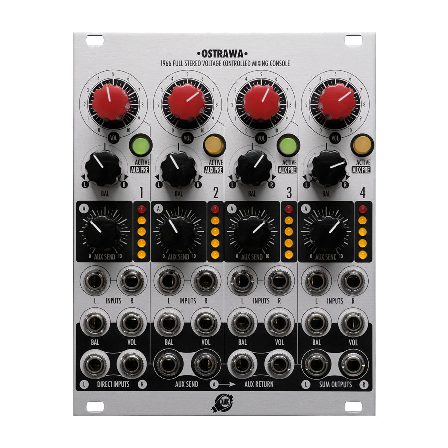 Silver stereo voltage controlled mixing console with four channels, each featuring knobs, buttons, and multiple 3.5mm jacks.