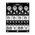 Black metal panel with printed controls, holes for knobs and circular jacks arranged in four vertical sections.