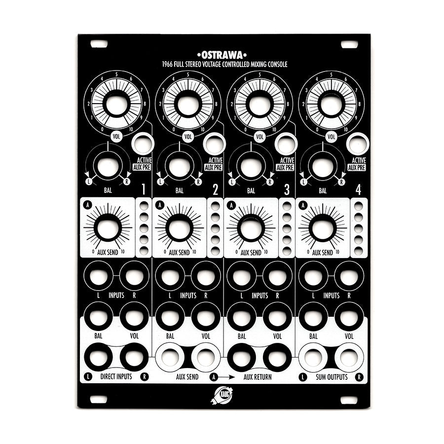 Black metal panel with printed controls, holes for knobs and circular jacks arranged in four vertical sections.
