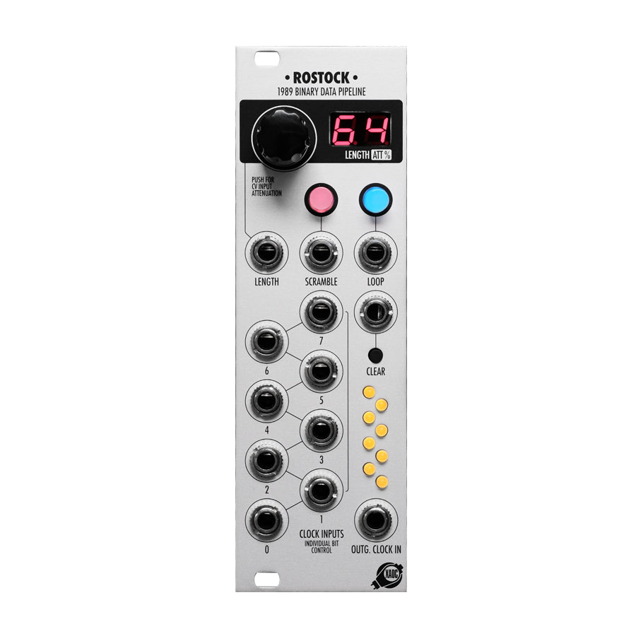 Euro rack module with multiple 3.5mm jacks, a rotary knob, two colored buttons, and a digital numeric display.