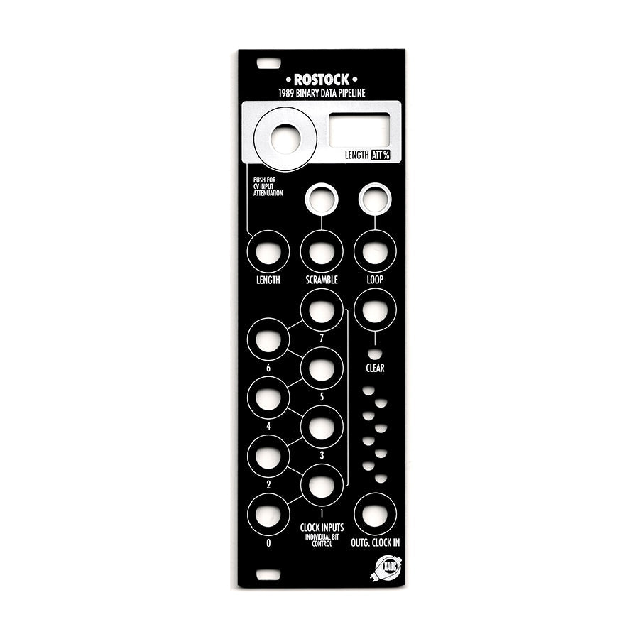 Black front panel for a module labeled Rostock with multiple jack sockets and a rotary knob hole.