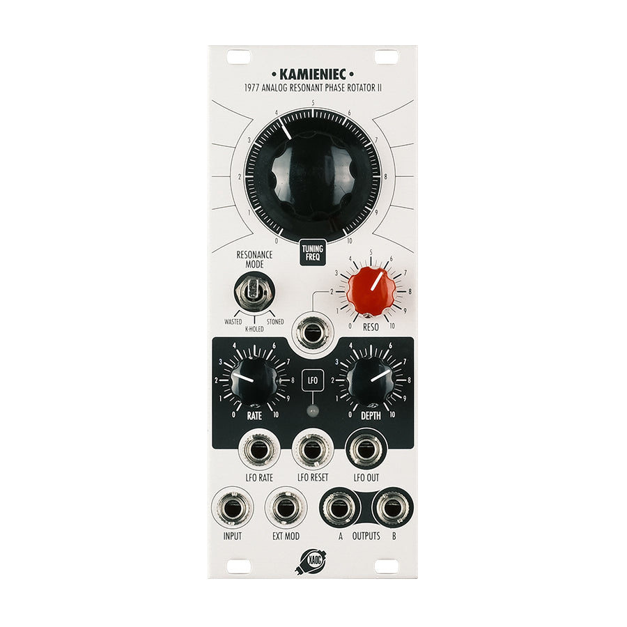 White eurorack module with knobs, toggle switch, and multiple jack inputs and outputs.