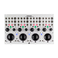 Front panel of a Eurorack module with four identical sections, each featuring multiple knobs, buttons, and jacks.