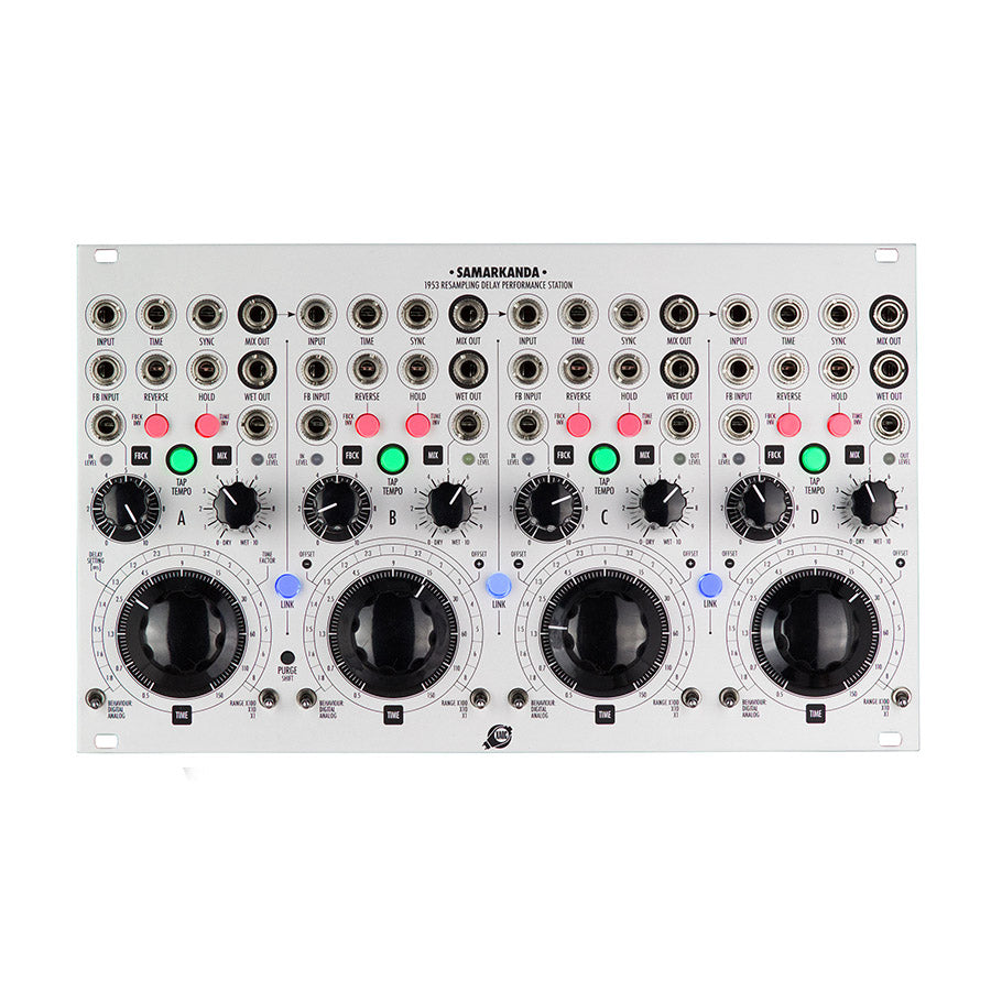 Front panel of a Eurorack module with four identical sections, each featuring multiple knobs, buttons, and jacks.