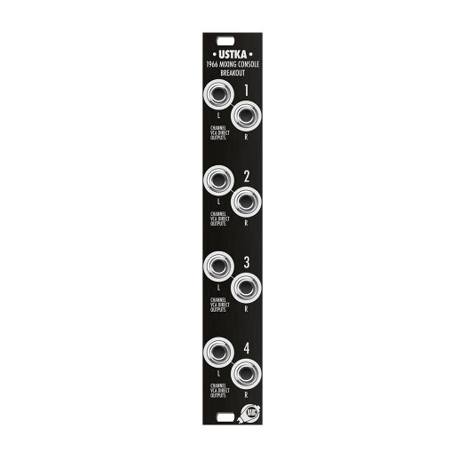 Black panel with eight 6.35mm audio jacks labeled for four channels in stereo pairs.