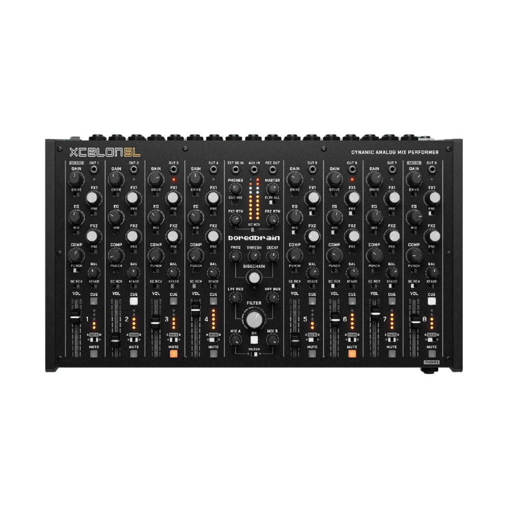 Front view of a Boredbrain Music analog mixer with eight channel strips, knobs, faders, buttons, and LED indicators.