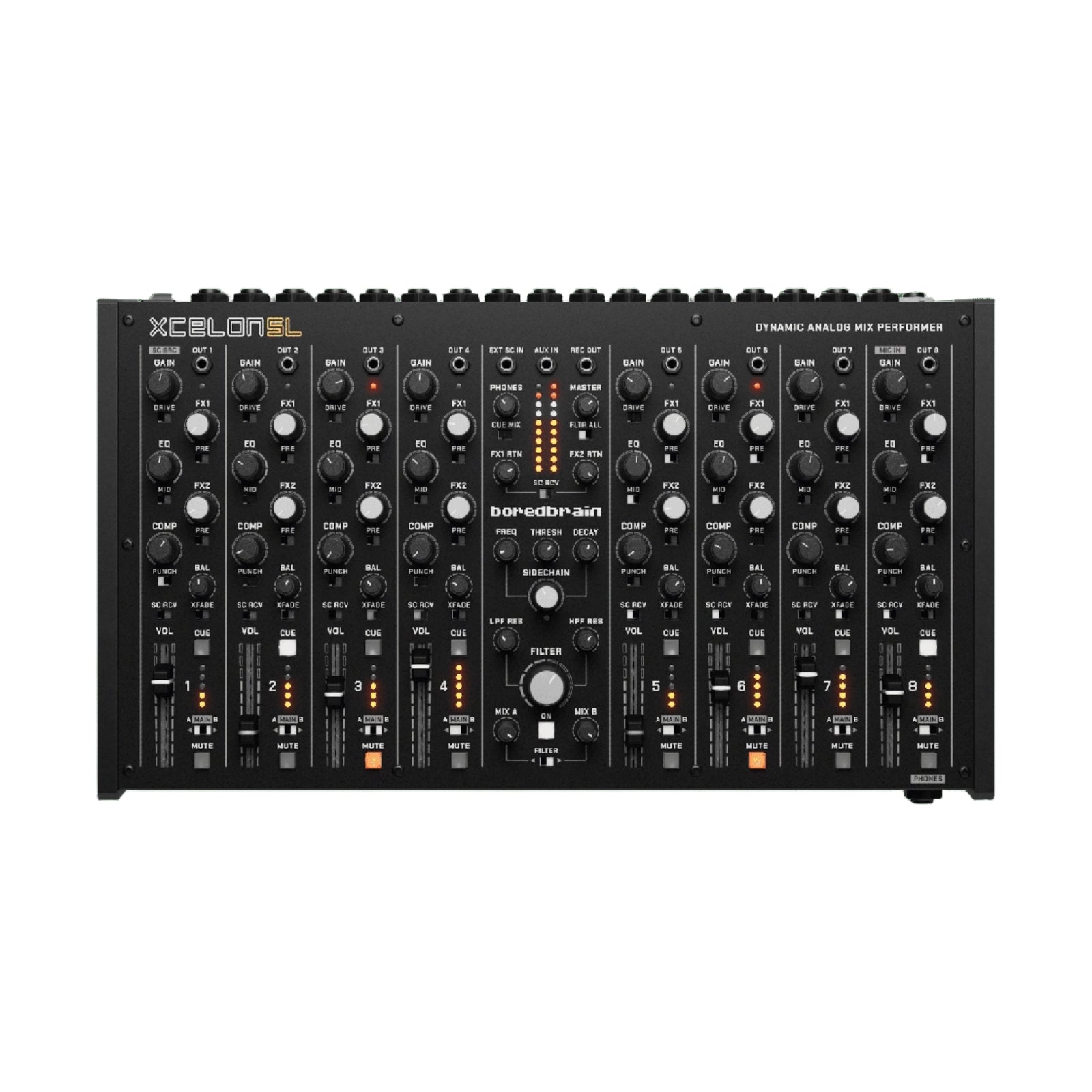 Front view of a Boredbrain Music analog mixer with eight channel strips, knobs, faders, buttons, and LED indicators.