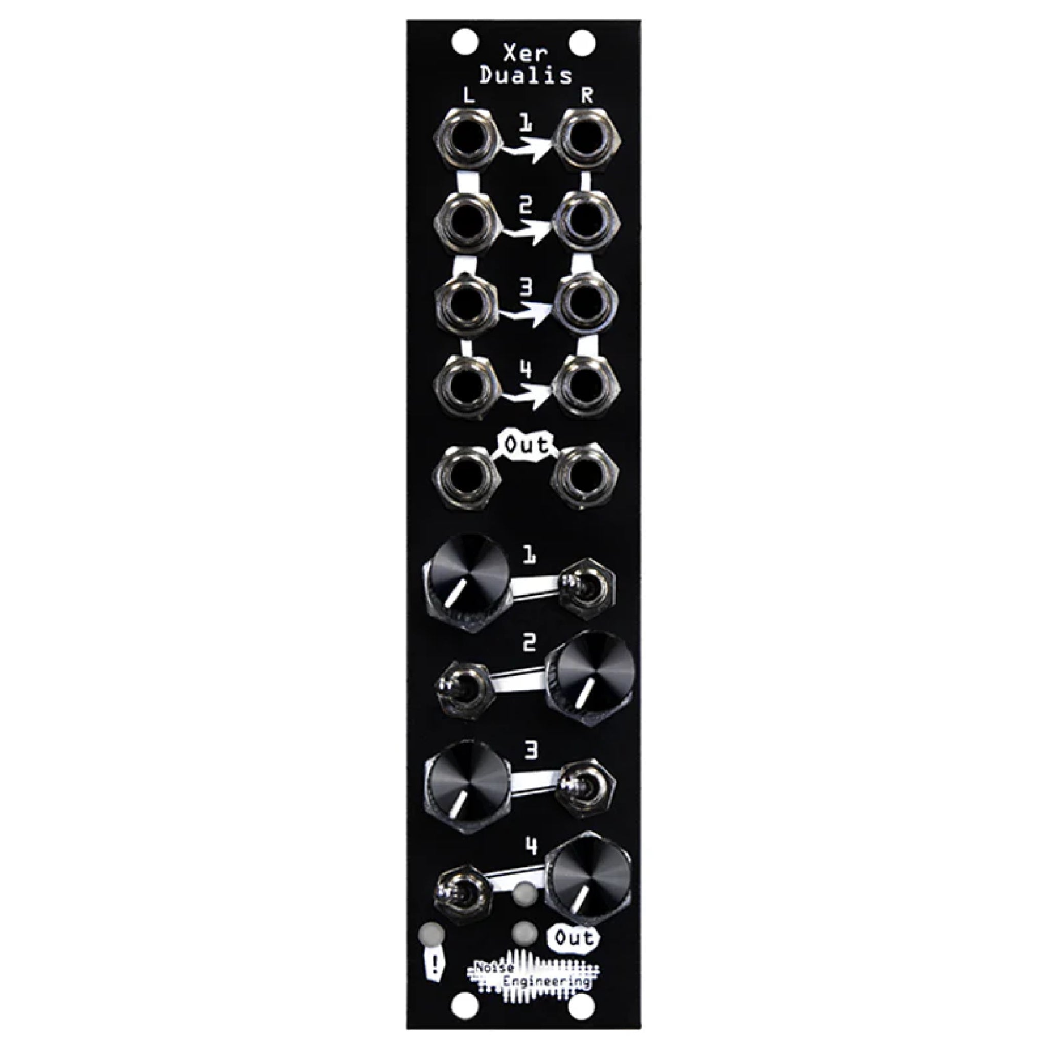 Black module with eight 1/4 inch jacks, four knobs, and four toggle switches labeled for stereo mixing.
